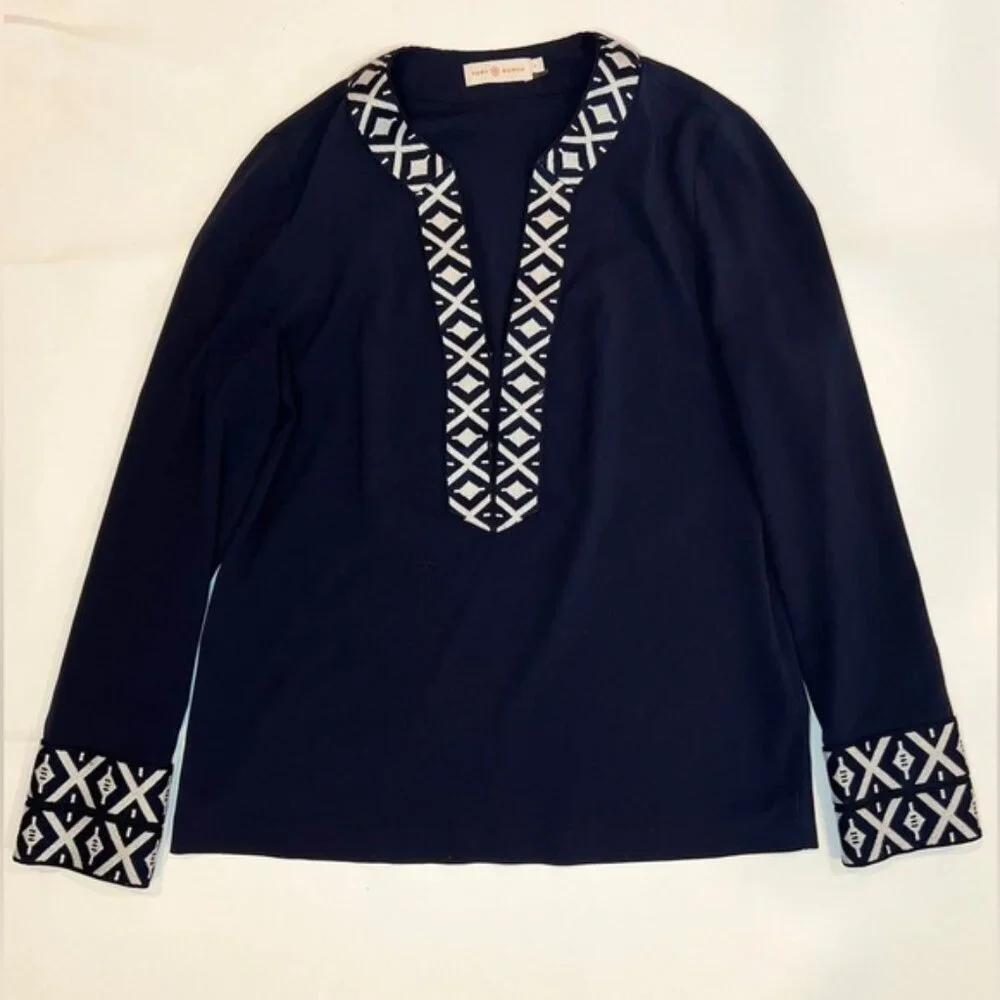 TORY‎ BURCH ARIANA V Neck Tunic with Taping Blouse Embroidered Knit Trim Size 4